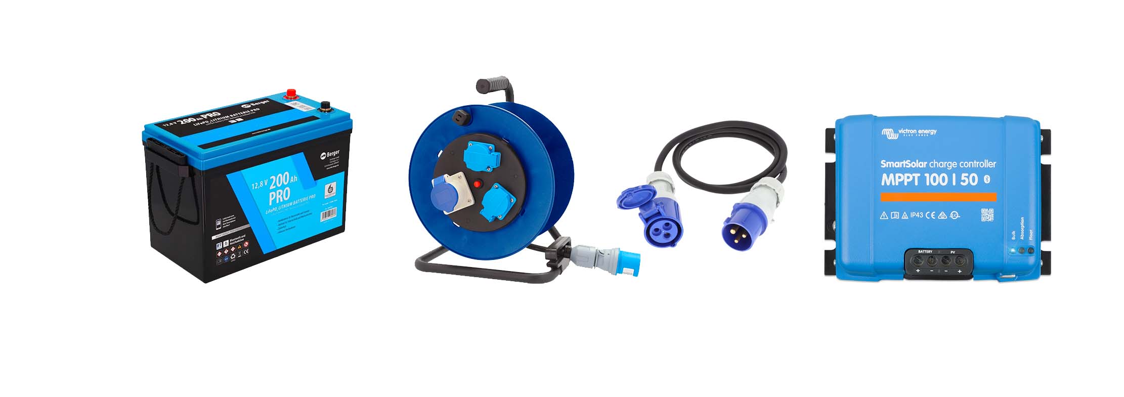 Електричество за кемпери и каравани, удължители, макари акумулатори, инвертори и соларни контролери Berger, Victron Energy