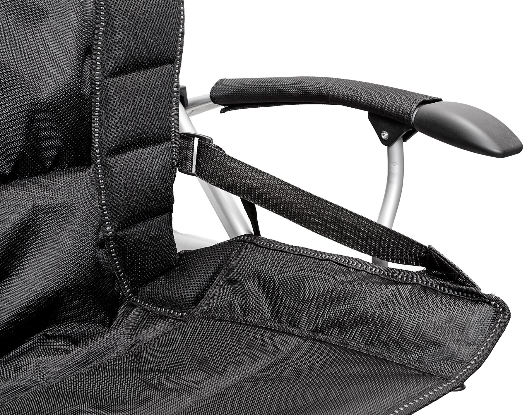 Екстра голям сгъваем стол за къмпинг RAPTOR XL, подходящ за едри хора, с издържливост до 150 кг и поставка за чаша.