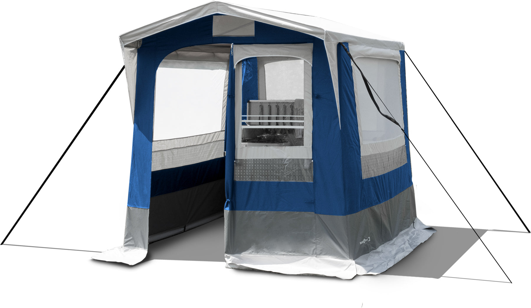 Палатка за кухня, склад или килер, допълнително помещение към караваната и форцелта. Просторни прозрци, здрава конструкция със стоманена рамка. Satelite tent for kitchen, storage to your caravan and campsite.