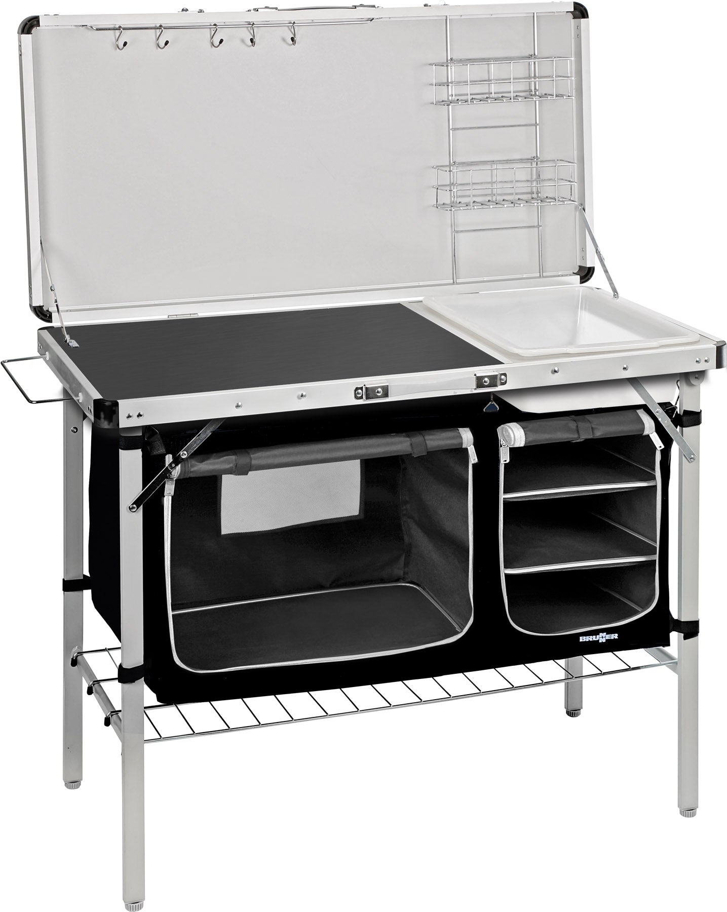 Portable kichen box, set for cooking outdoors. Лесно преносима кухня, куфар за готвене, с рафотове етажерки и отделения за подправки.
