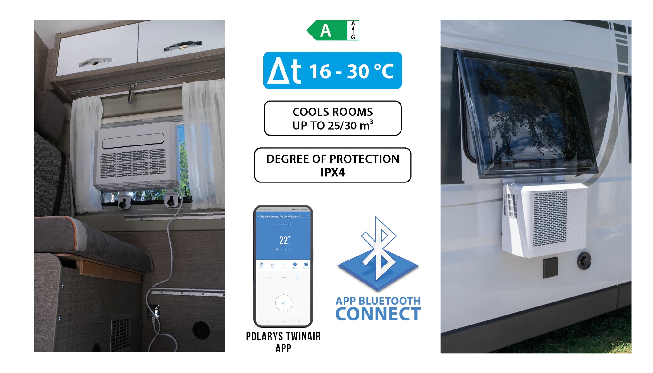 Мобилен климатик Brunner Polarys за каравани с Bluetooth приложение и лесен монтаж на прозорци.