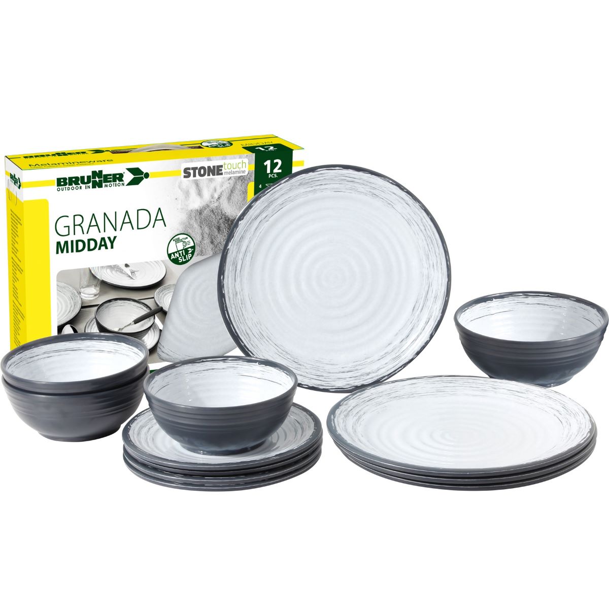 Меламинов сервиз за къмпинг BRUNNER 12 части, нечупливи, удароустойчиви. Melamine camping dinner set BRUNNER, durable, shatterproof.