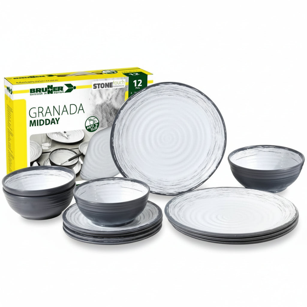 Меламинов сервиз за къмпинг BRUNNER 12 части, нечупливи, удароустойчиви. Melamine camping dinner set BRUNNER, durable, shatterproof.