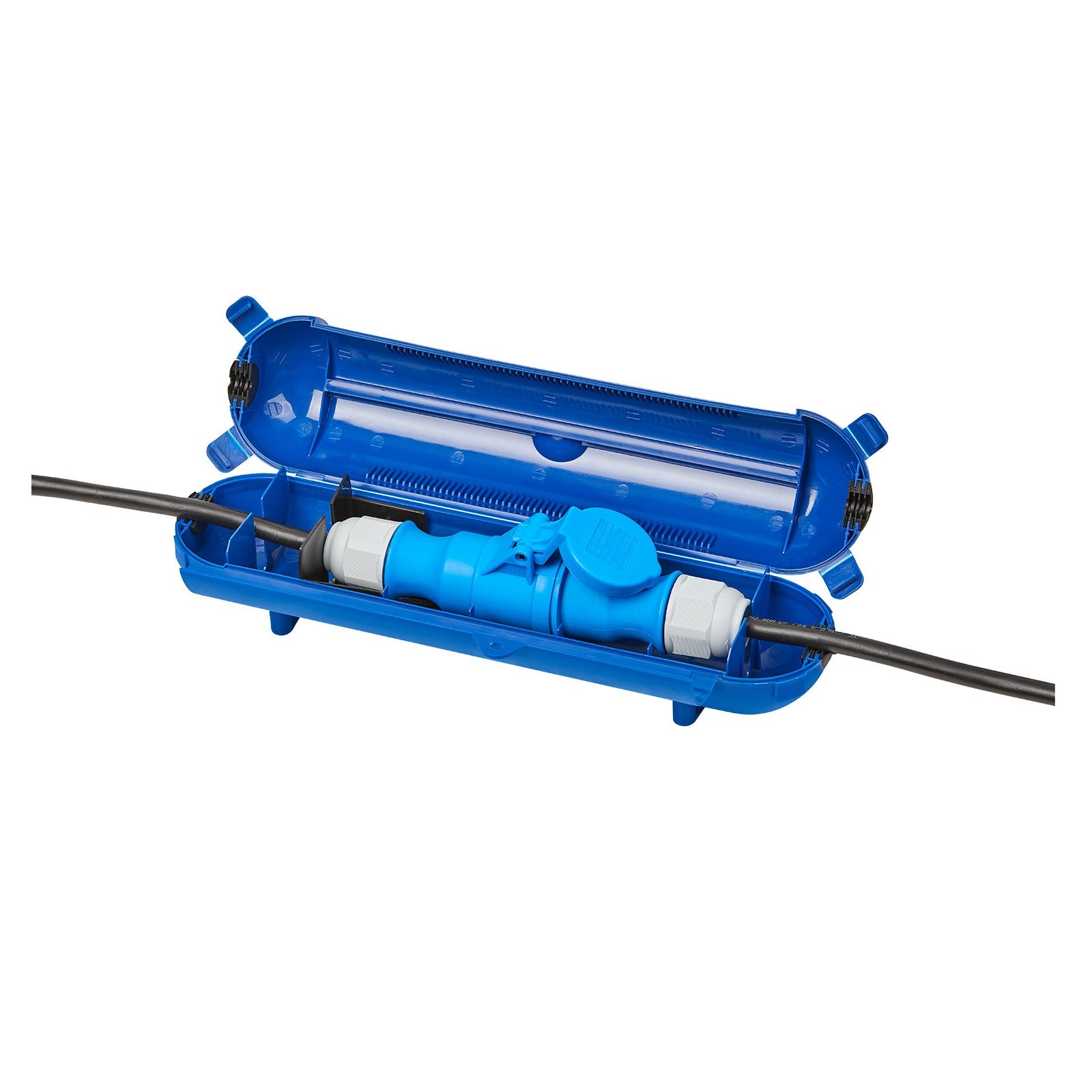 Водоустойчива защитна кутия за CEE кабел Berger IP44, отворена, показваща кабелна връзка в синя защитна кутия.