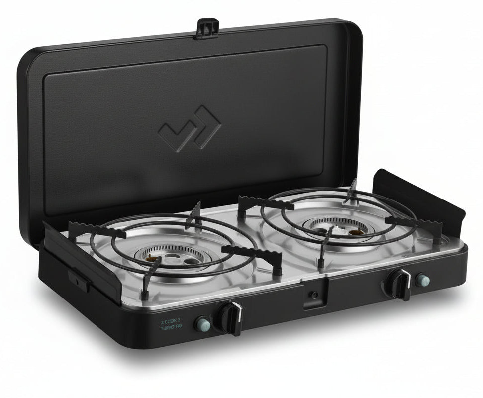 Двоен газов котлон CADAC 2 Cook 3 Turbo с FFD защита, преносим с автоматична защита против изтичане на газ, модел 2025