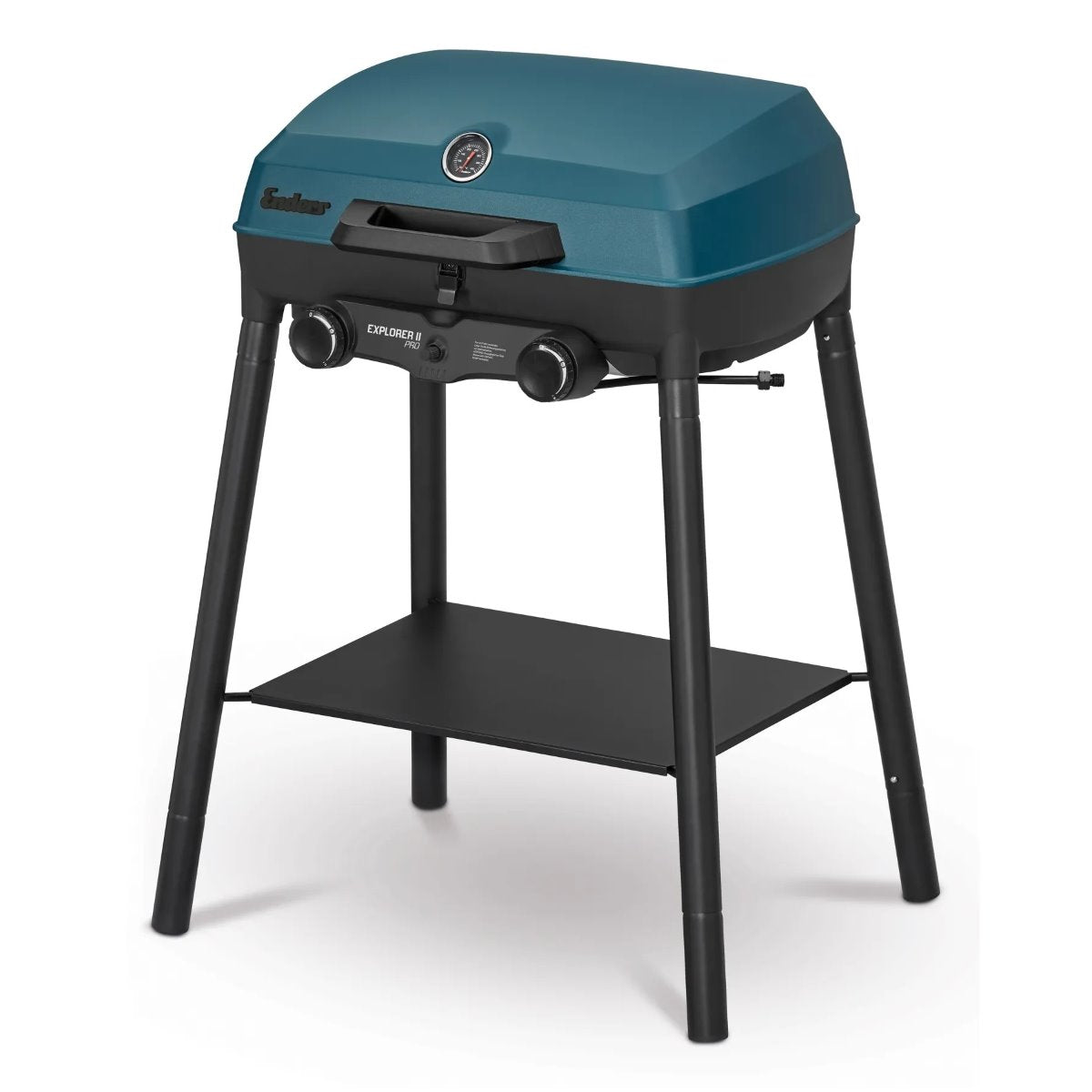 Portable Enders Explorer II Pro gas grill with two burners and shelf, ideal for camping and caravans, 30 mbar pressure.