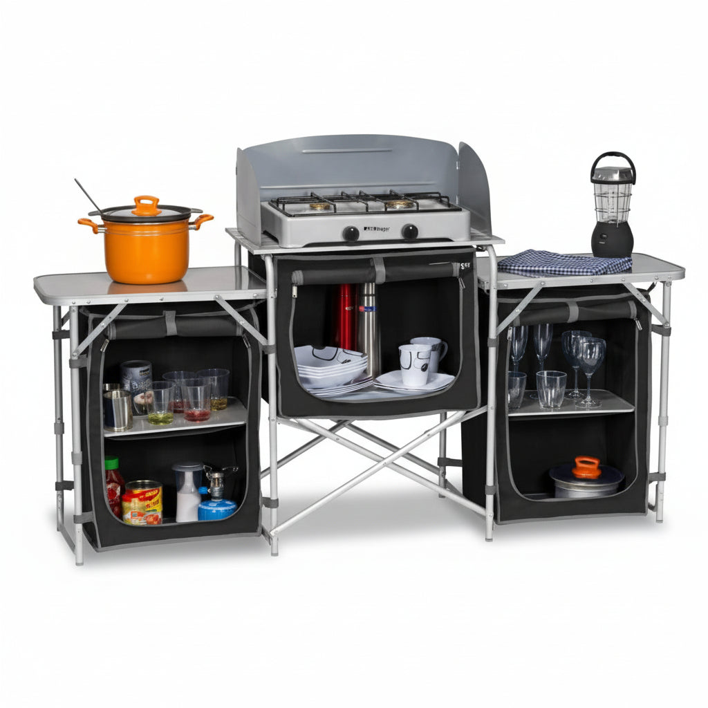 Преносима кухня за къмпинг BERGER XL с рафтове и алуминиев плот, идеална за готвене на открито и сгъваема за лесно пренасяне.