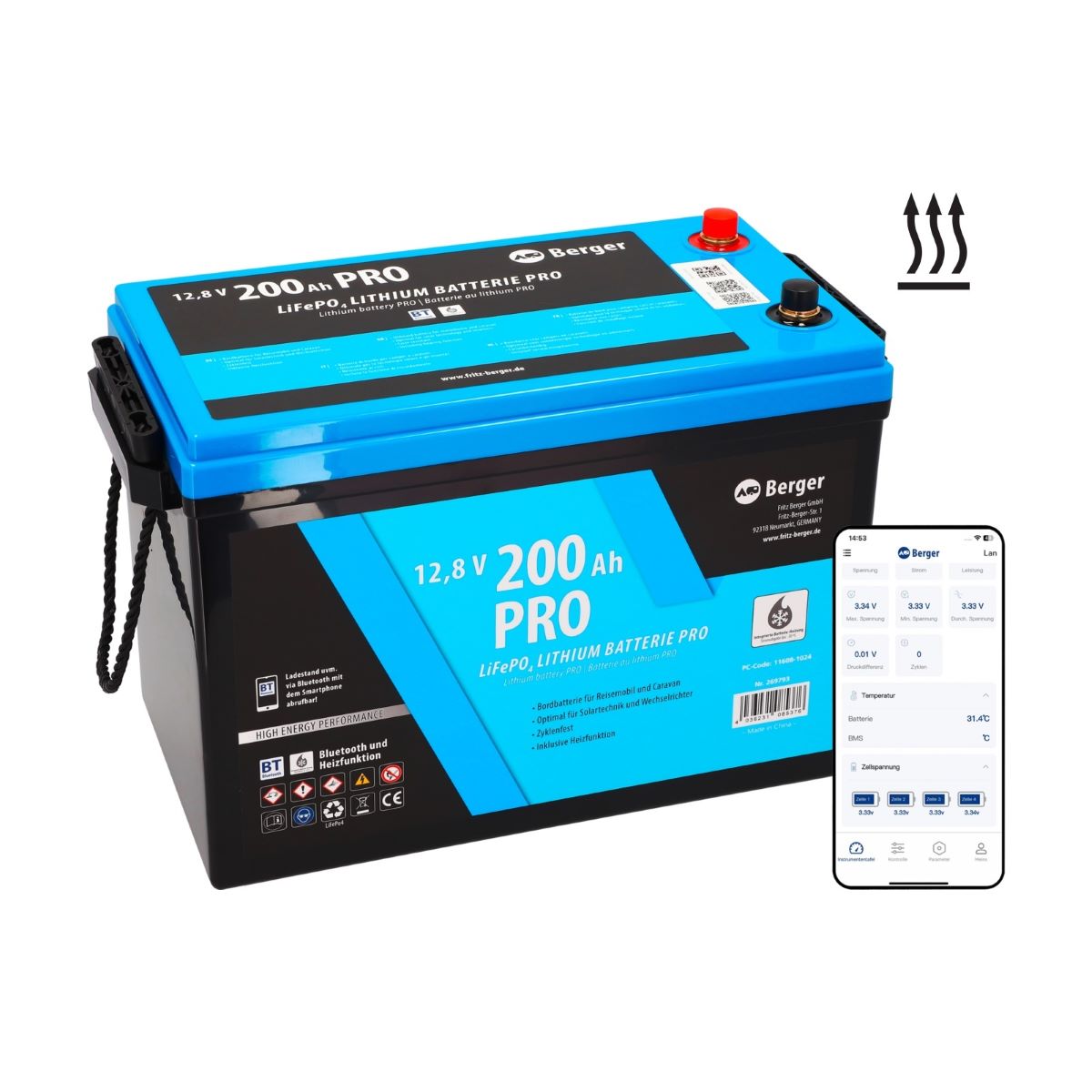 Berger LiFePO4 батерия 200Ah 12V с Bluetooth и вградено отопление