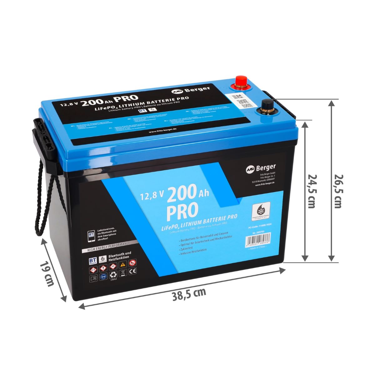 Литиева батерия Berger LiFePO4 200Ah за кемпер и каравана 24см х 38см х 19см