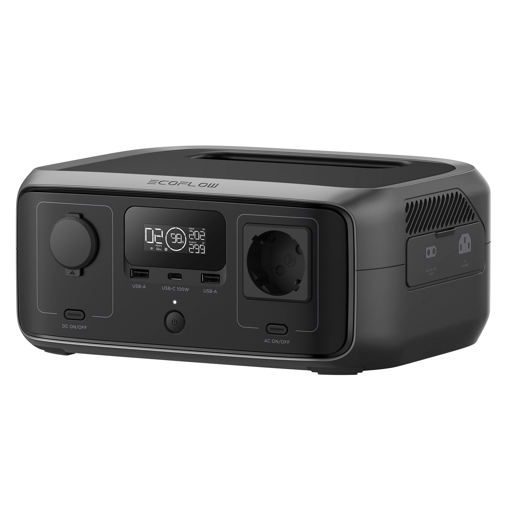 Преносима зарядна станция EcoFlow RIVER 3 с LCD дисплей и множество изходи за електрически устройства.