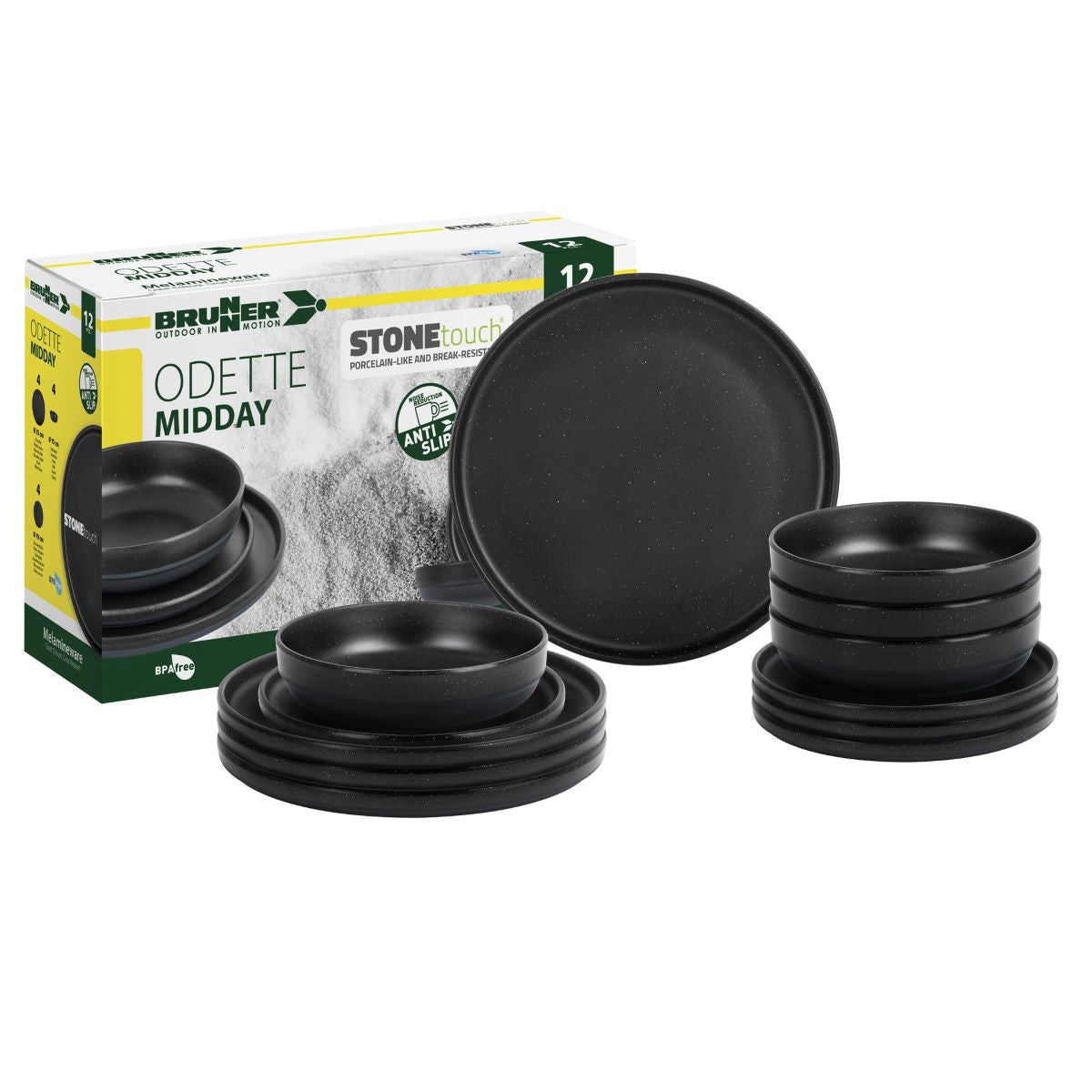 Меламинов сервиз за къмпинг BRUNNER ODETTE DOUBLE BLACK с 12 части за хранене, включително чинии и купи с каменно покритие.