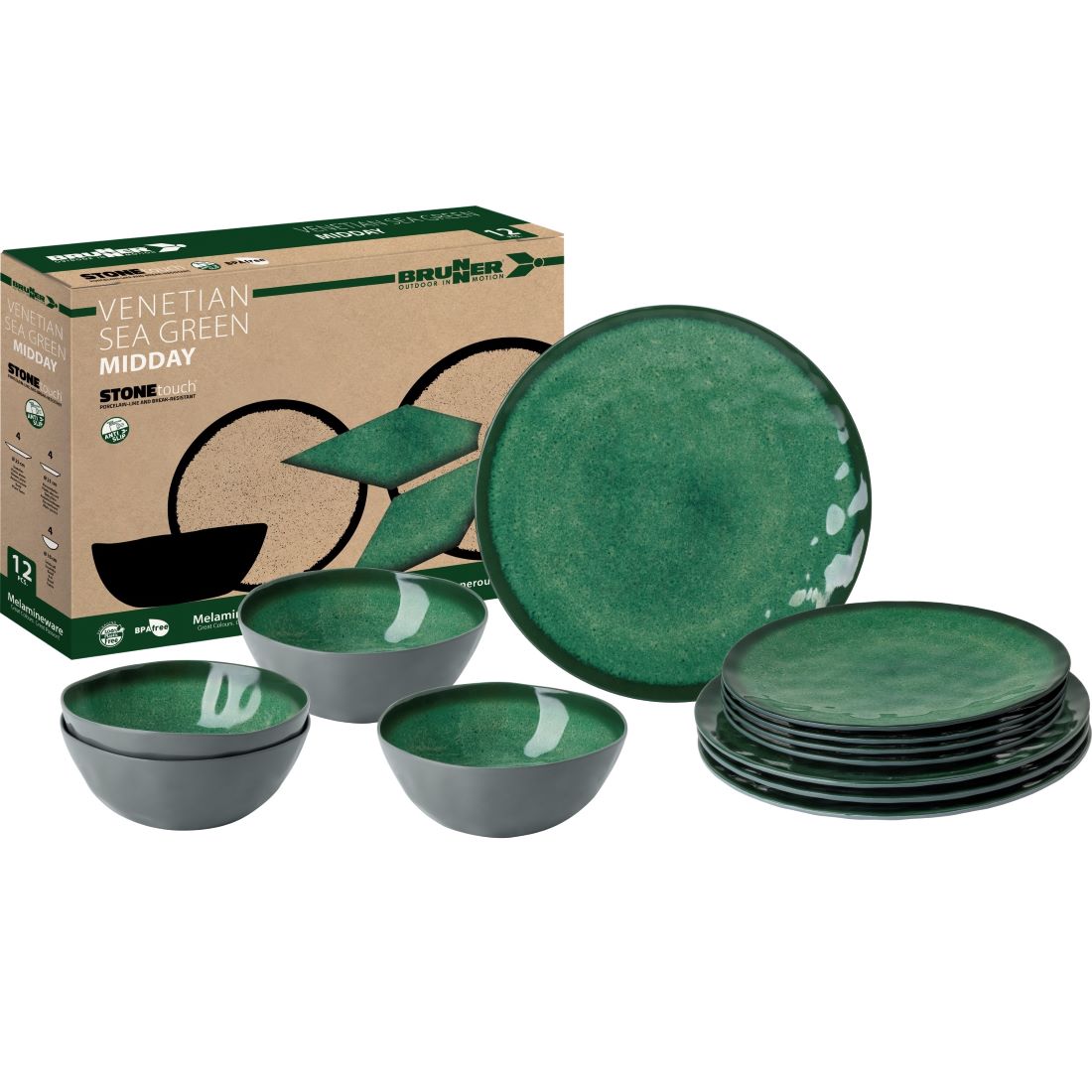 Сервиз чинии за къмпнг BRUNNER MIDDAY VENETIAN SEA GREEN - комплект за къмпинг аксесоари с елегантен дизайн.