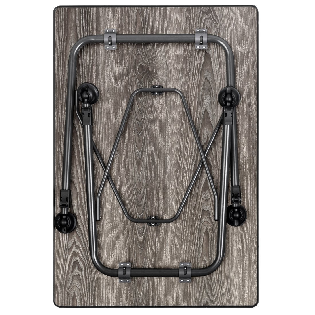 Къмпинг маса с регулеруеми крака BRUNNER LINEAR GREYWOOD в сгънато състояние с дървесен дизайн.