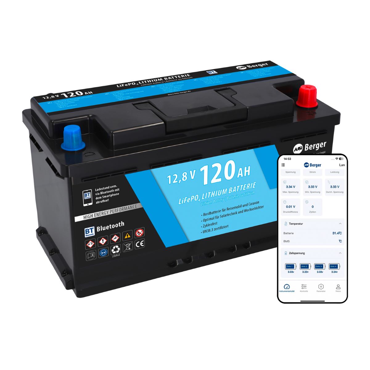 Тягов акумулатор Berger LiFePO4 120Ah 12V с Bluetooth - модерна технология за кемпери и каравани, мобилно приложение, немско качество.