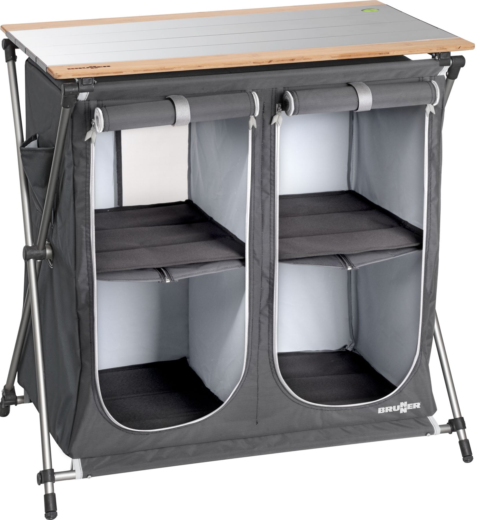 Шкафове за къмпинг: как да избереш размер, тегло и стабилност на терен - двоен сгъваем шкаф с метална рамка и рафтове