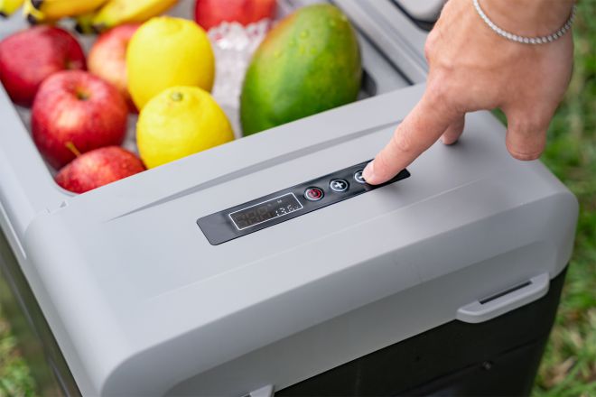 Компресорни хладилници за кола, кемпер и лодка: как да изберем модел за път. Показан е хладилник с плодове на тревата.