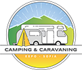 Лого на Camping & Caravaning Expo 2024 с кемпер и палатка на фона на планини