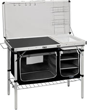 Portable kichen box, set for cooking outdoors. Лесно преносима кухня, куфар за готвене, с рафотове етажерки и отделения за подправки.