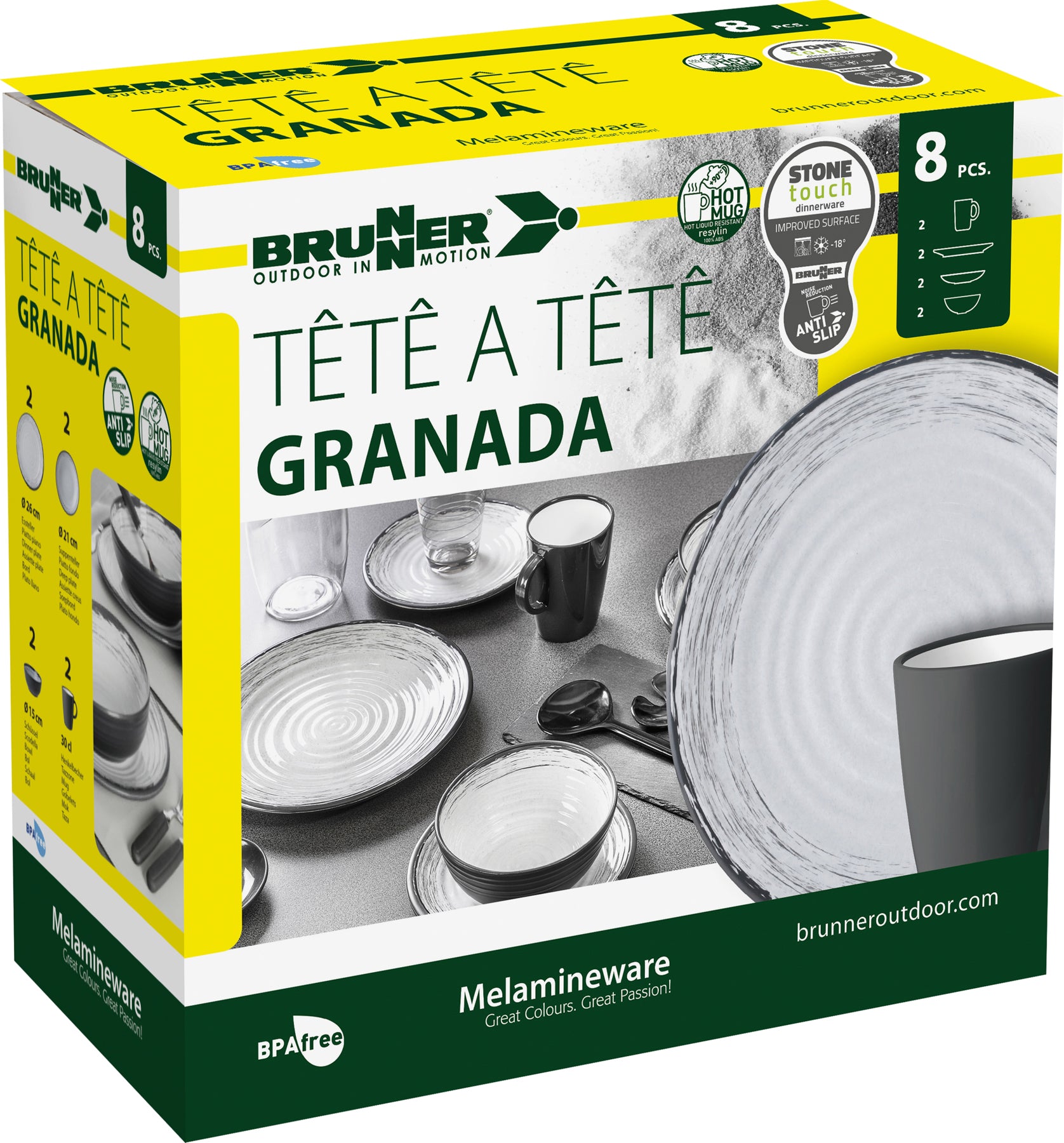 Меламинов сервиз TÊTE-Â-TÊTE GRANADA за 2ма, 8 части, модерен дизайн, подходящ за съдомиялна | GoCampy.com