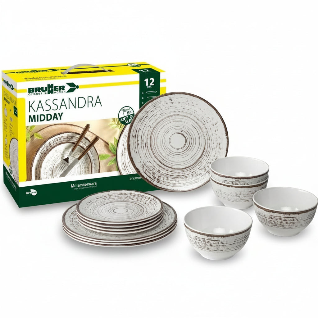 Меламинов сервиз BRUNNER MIDDAY KASSANDRA 12 части, удароустойчиви, за къмпинг почивка. BRUNNER melamine dinner set, unbreakable, camping.