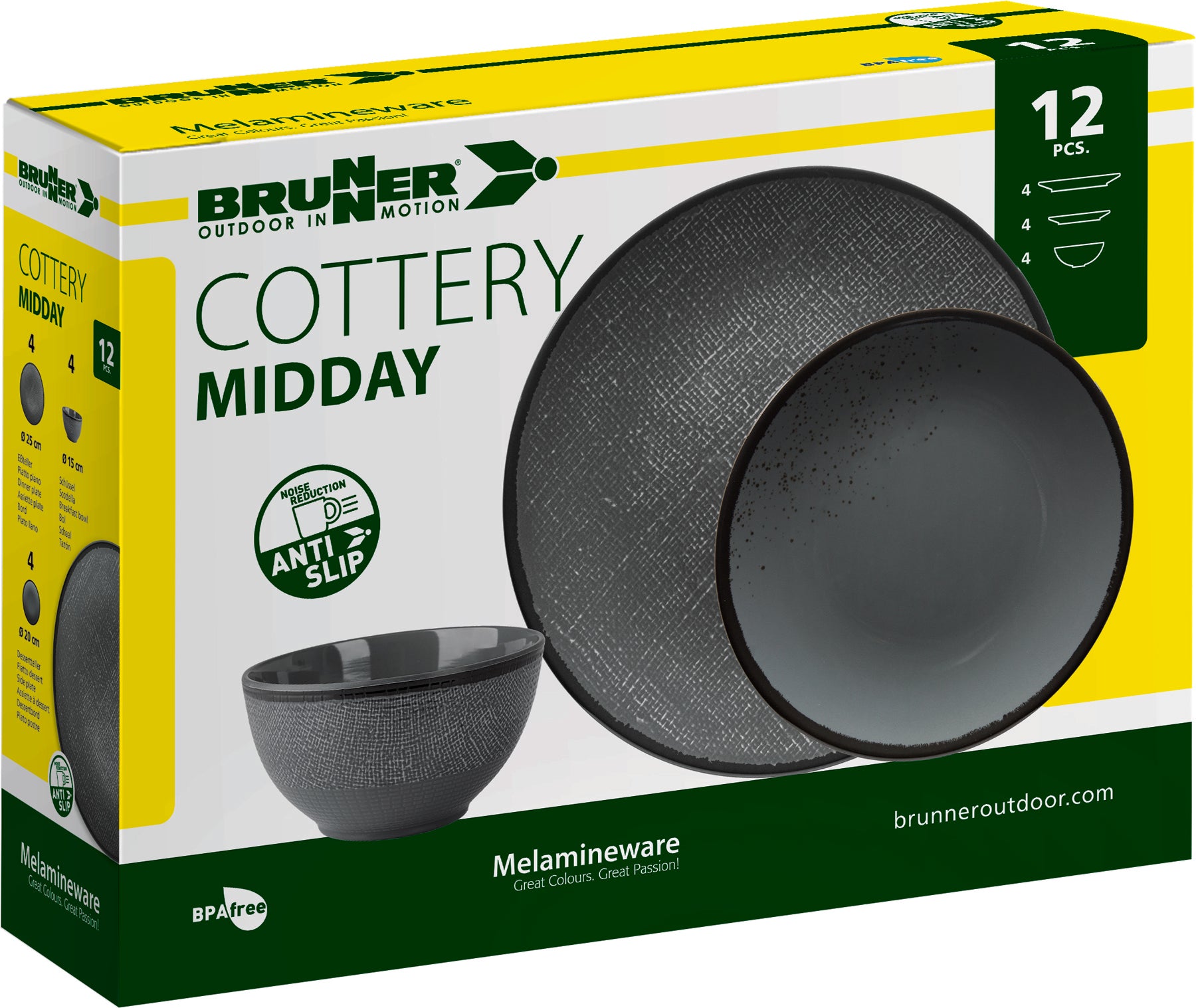 Сервиз за къмпинг BRUNNER COTTERY Midday 12 части, нечупливи чинии за открито, подходящи за кемпери и каравани | GoCampy.com