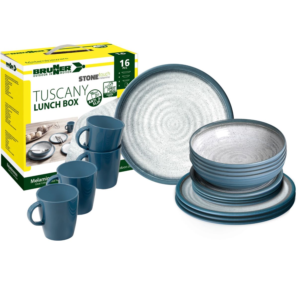 Меламинов сервиз за къмпинг BRUNNER LUNCH BOX TUSCANY 16 части - нечуплив сервиз за хранене, подходящ за пътуване с кемпер и каравана.