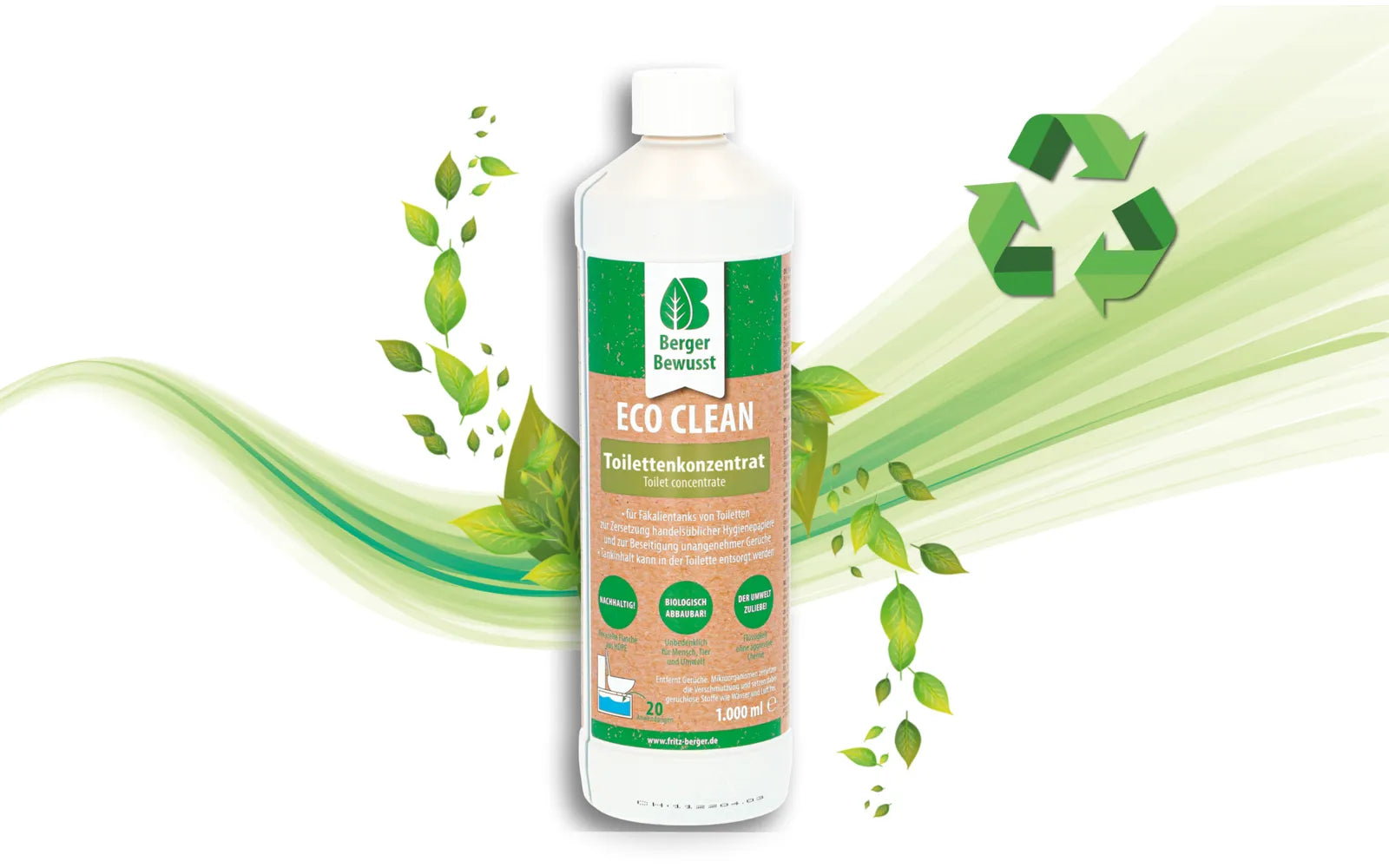 Екологичен препарат за химическа тоалетна Berger Eco Clean 1L в бутилка с натурални съставки и рециклируеми символи.