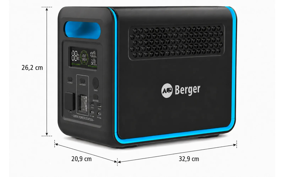 Преносима зарядна станция и батерия Berger Energy BEPS 1200, компактна и мощна, идеална за къмпинг и пътуване.