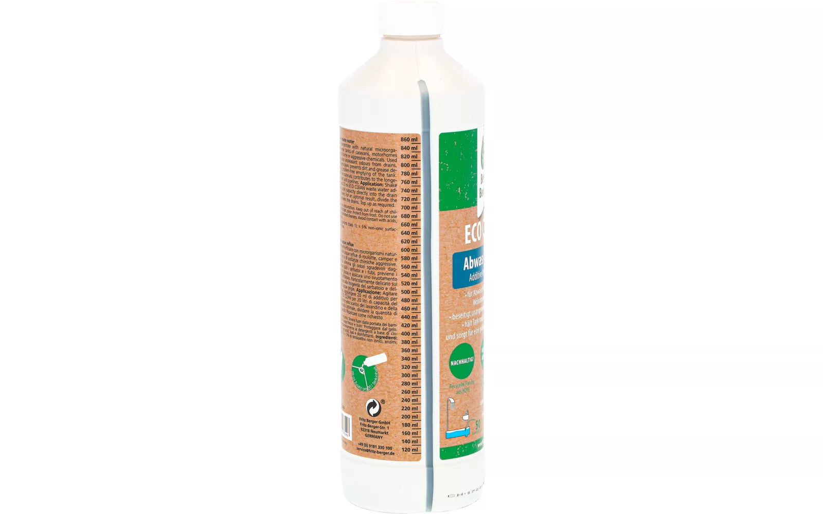 Екологичен препарат за сив резервоар Berger Eco Clean 1L в опаковка, полезен за кемпери и каравани.
