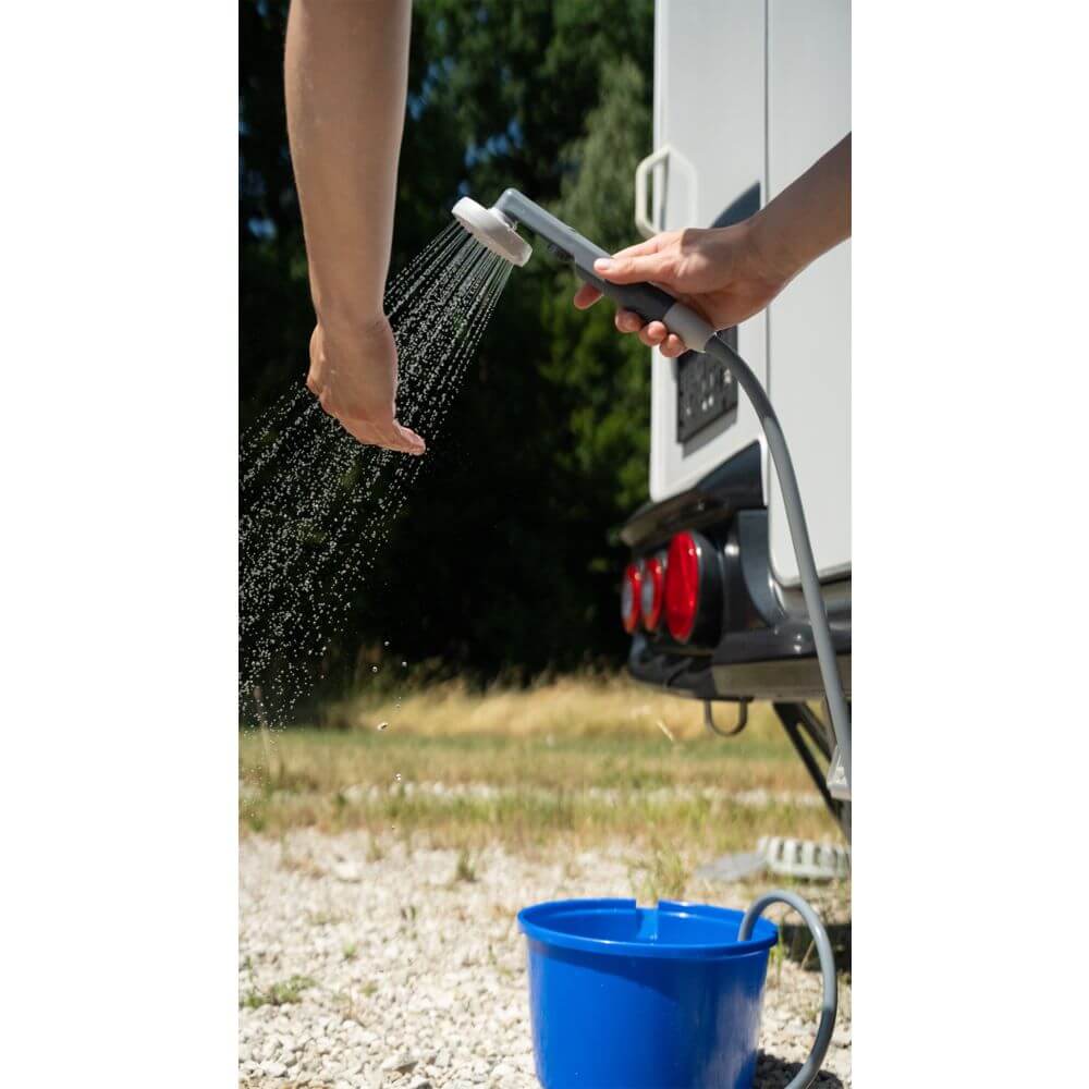 Portable shower with rechargeable battery by Berger for campers, featuring adjustable spray, lightweight design.