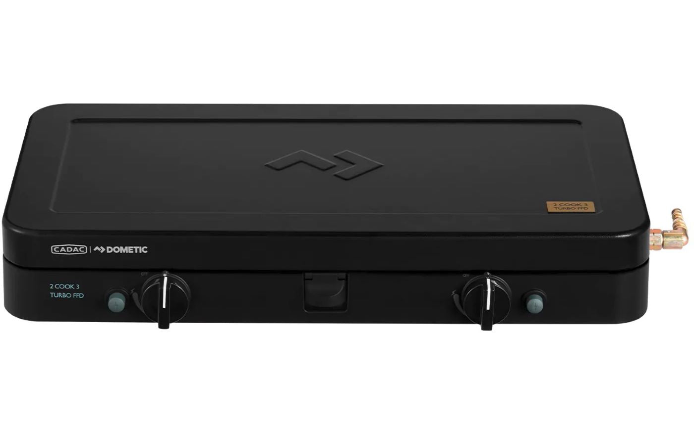 Cadac 2 Cook 3 Turbo dual gas stove with FFD safety, portable design, and wind protection, model 2025, in carrying case.