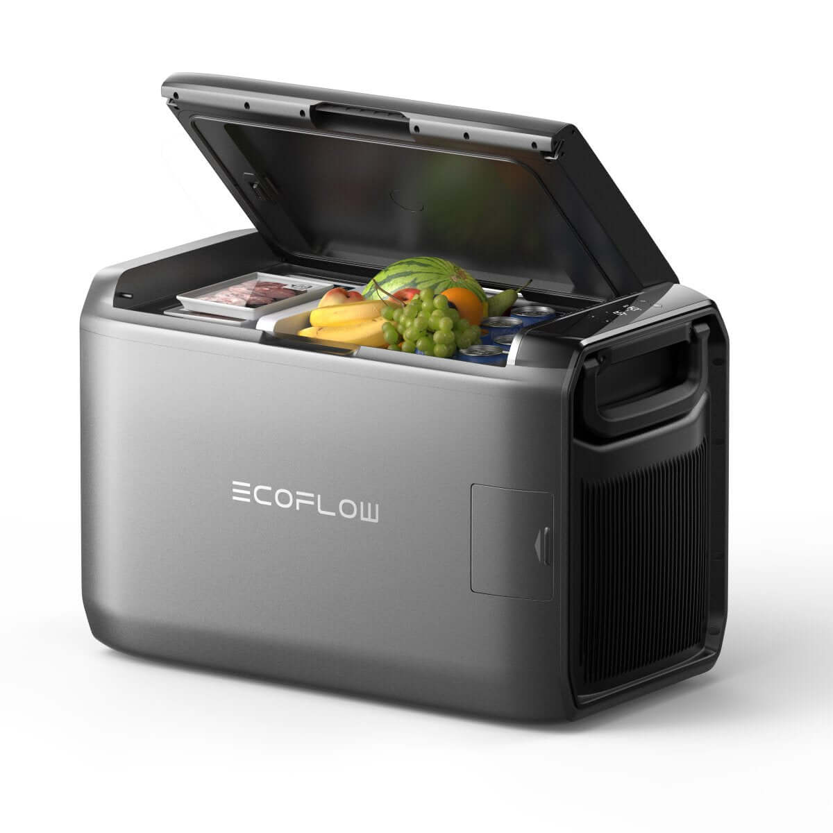Компресорен хладилник EcoFlow Glacier 35л-55л отворен, пълен с продукти, идеален за къмпинг и каравана.