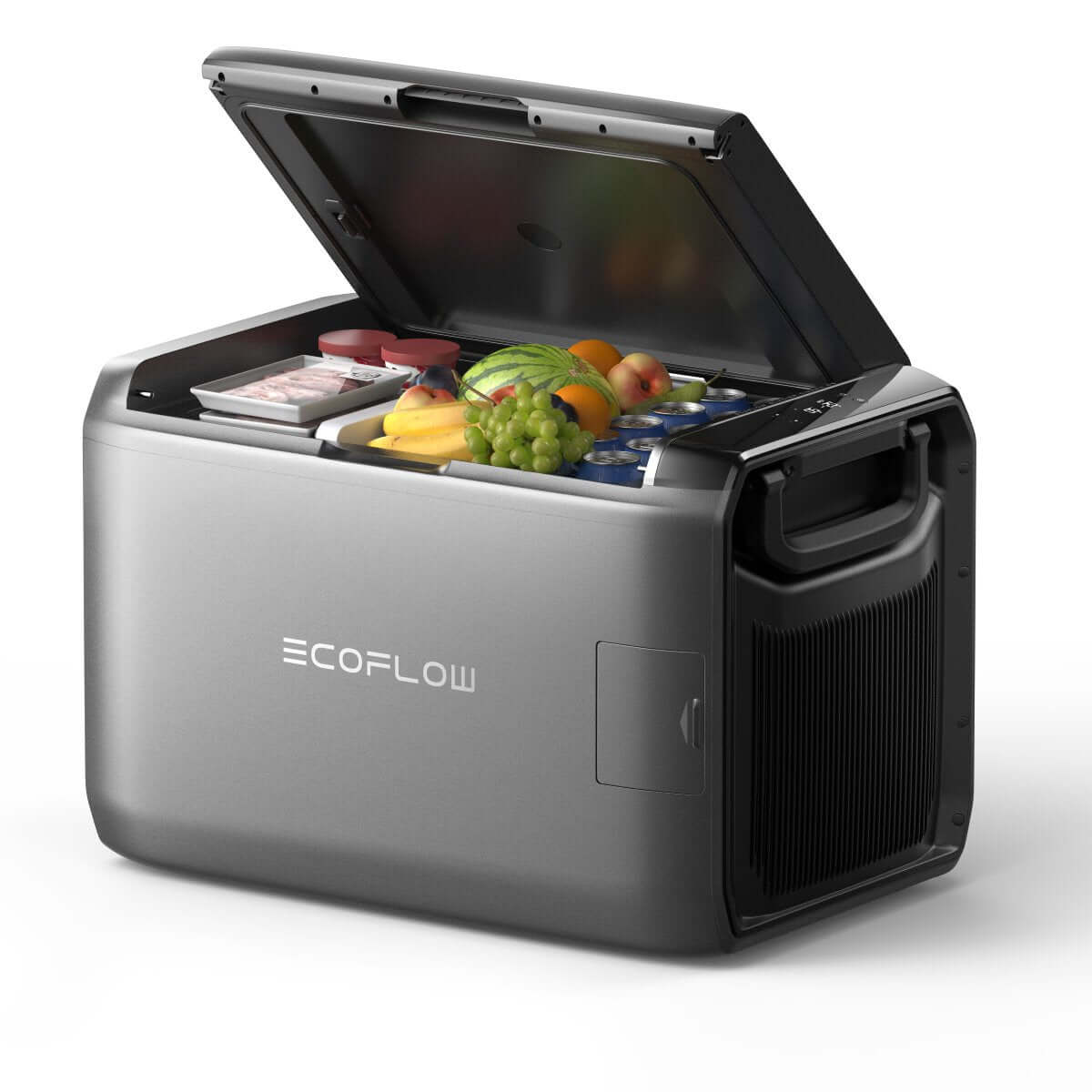 EcoFlow Glacier компресорен хладилник за къмпинг и каравана с опция за сменяема батерия, отворен с храни вътре.