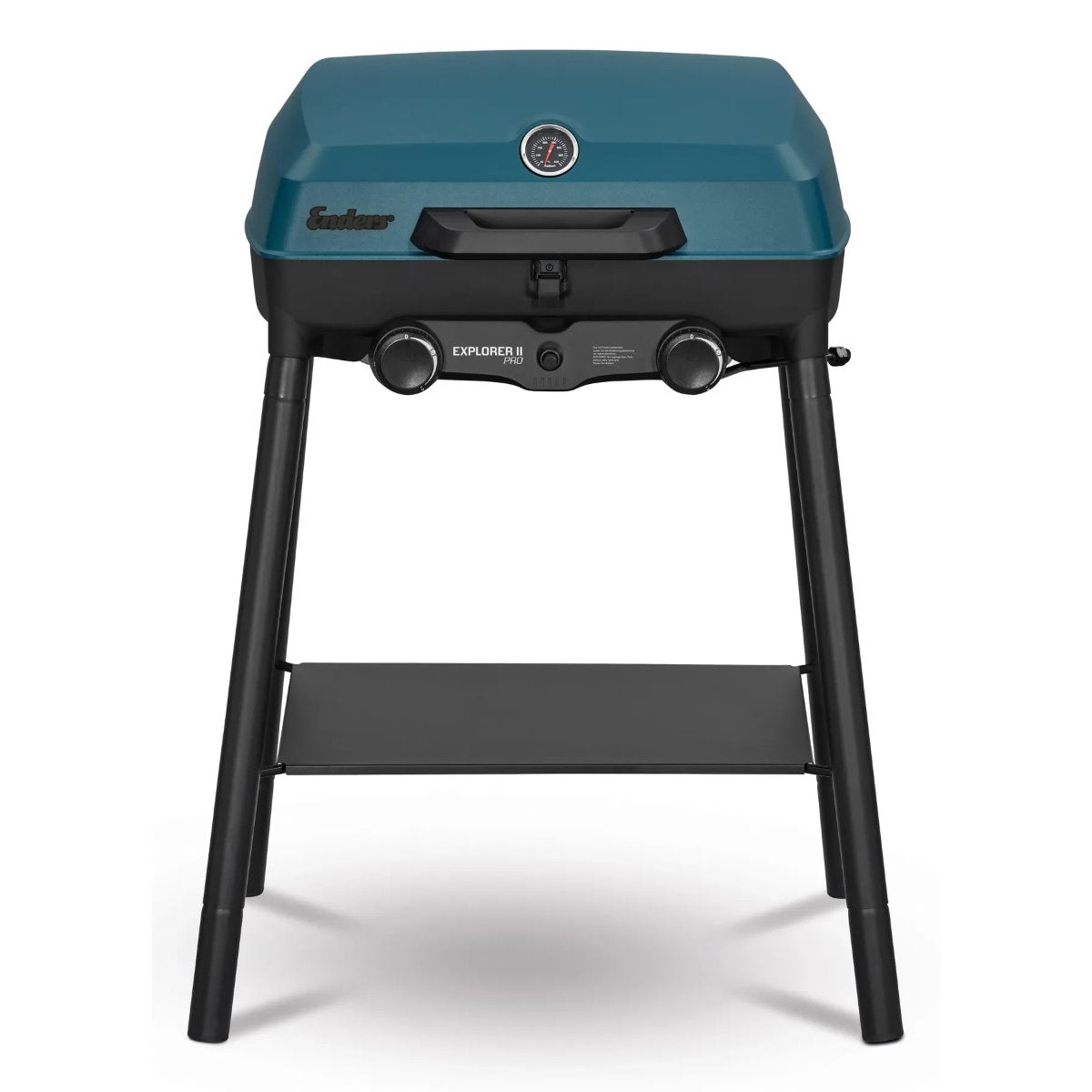 Compact Enders Explorer II Pro Caravan gas grill with two burners, high stand, shelf, and thermometer, ideal for camping.