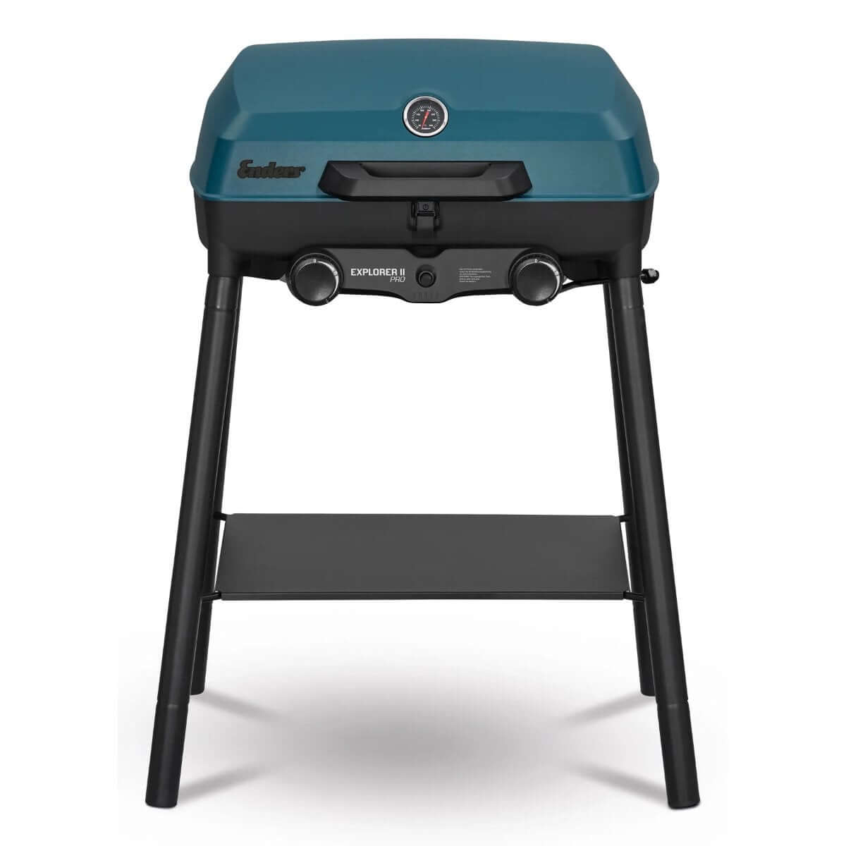 Compact Enders Explorer II Pro Caravan gas grill with two burners, high stand, shelf, and thermometer, ideal for camping.
