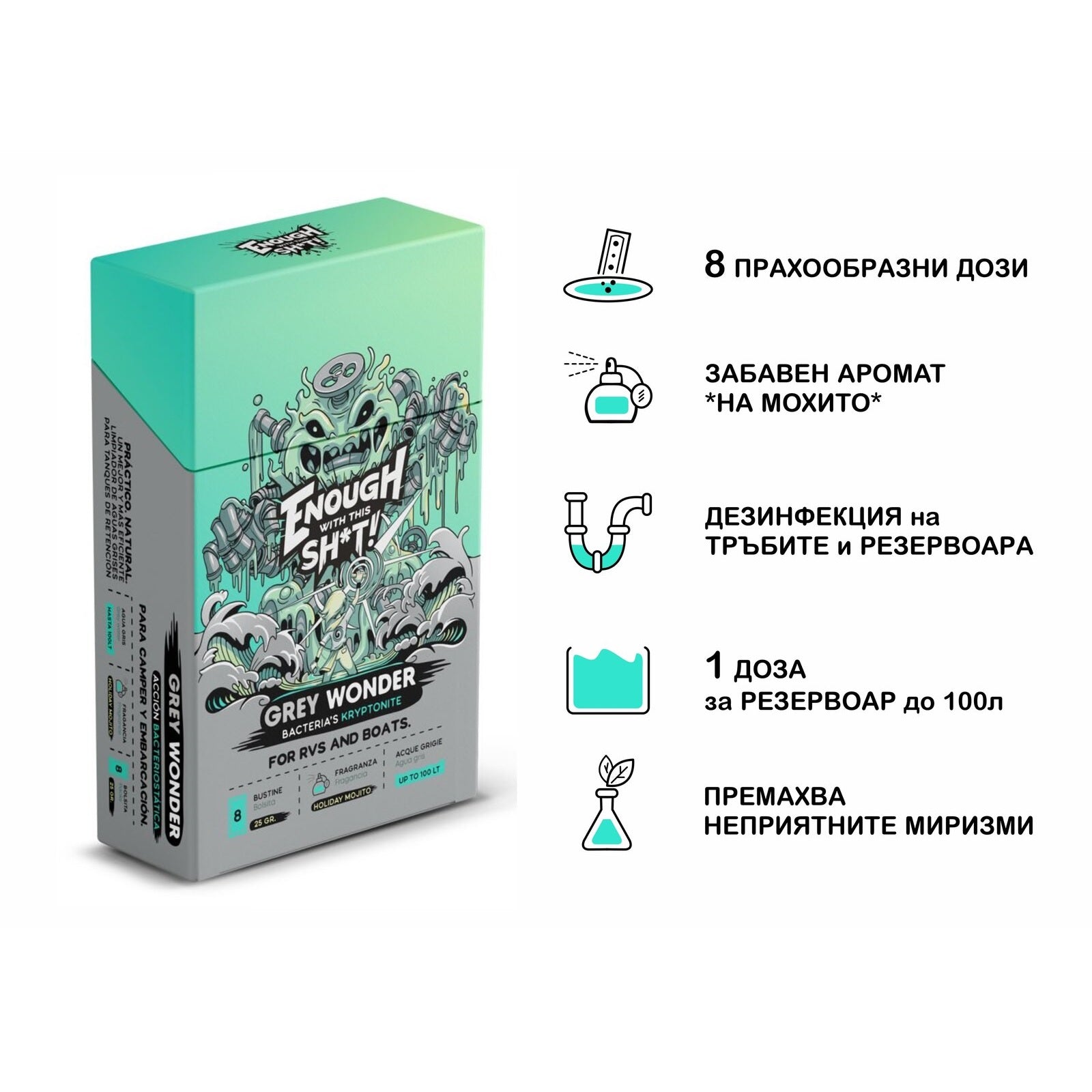 Препарат за почистване на резервоари за мръсна вода EWTS Grey Wonder в опаковка с 8 прахообразни дози
