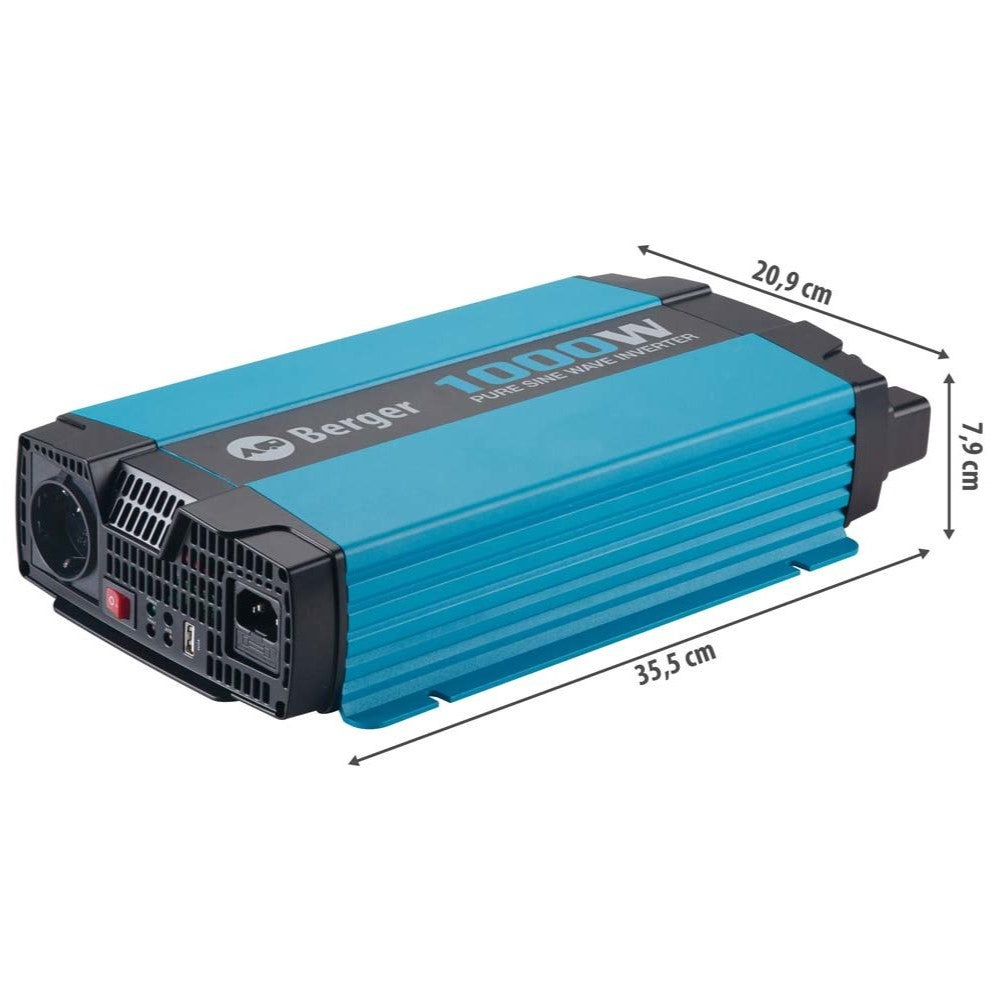 Инвертор пълна синусоида 12v/220v Berger SW с мощност 1000W, размери 35.5 см х 20.9 см х 7.9 см.