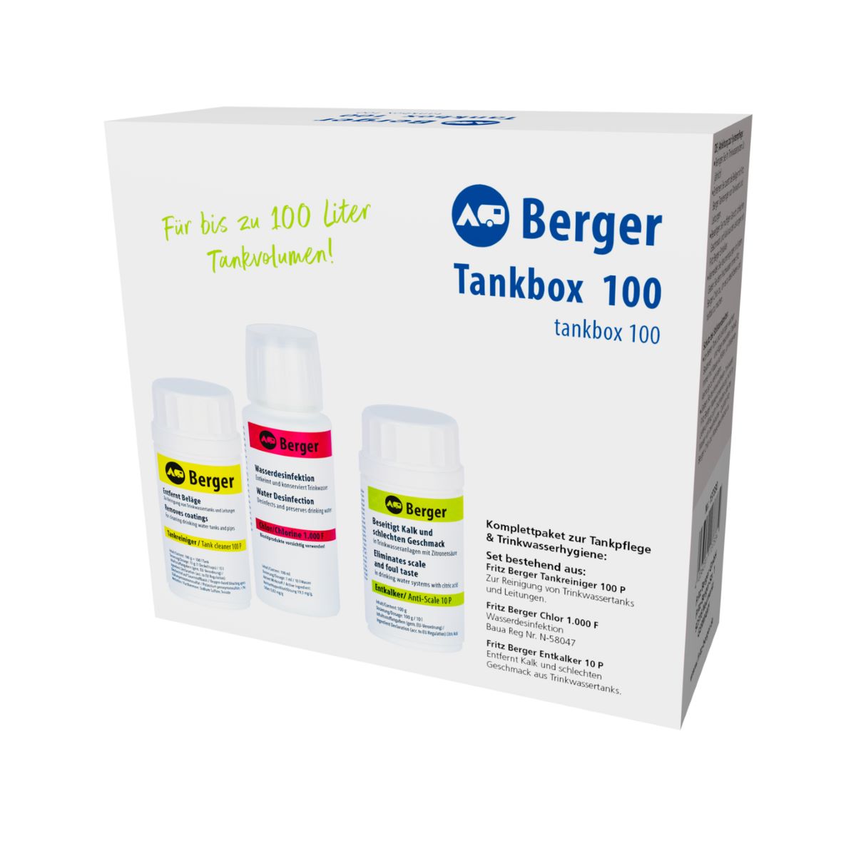 Почистване на водна система и резервоари в кемпери и каравани. Комплект Berger 100, декалциране и дезинфекция на чистата вода