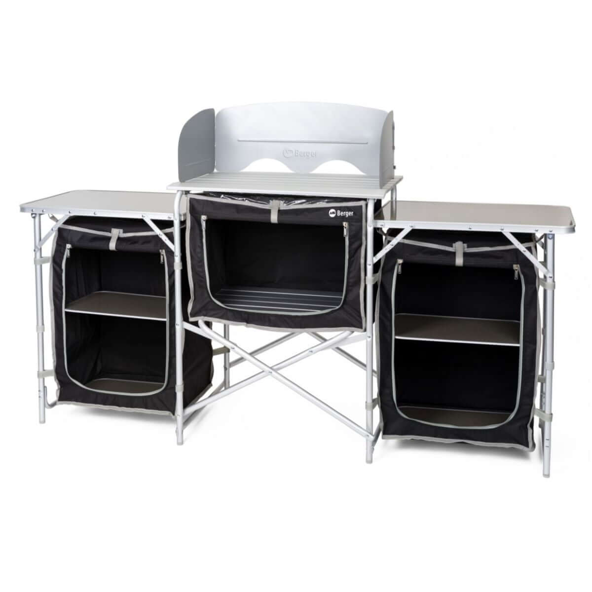 Portable camping kitchen Berger XL with shelves, featuring lightweight aluminum construction and foldable countertop for outdoor cooking.