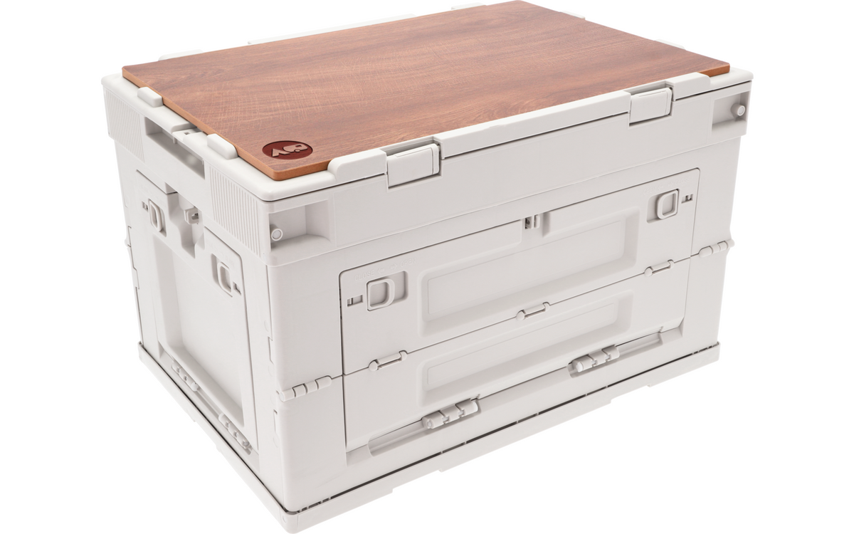Сгъваема кутия Berger CamperBox XL, сива, с капак-масичка с дървесен дизайн
