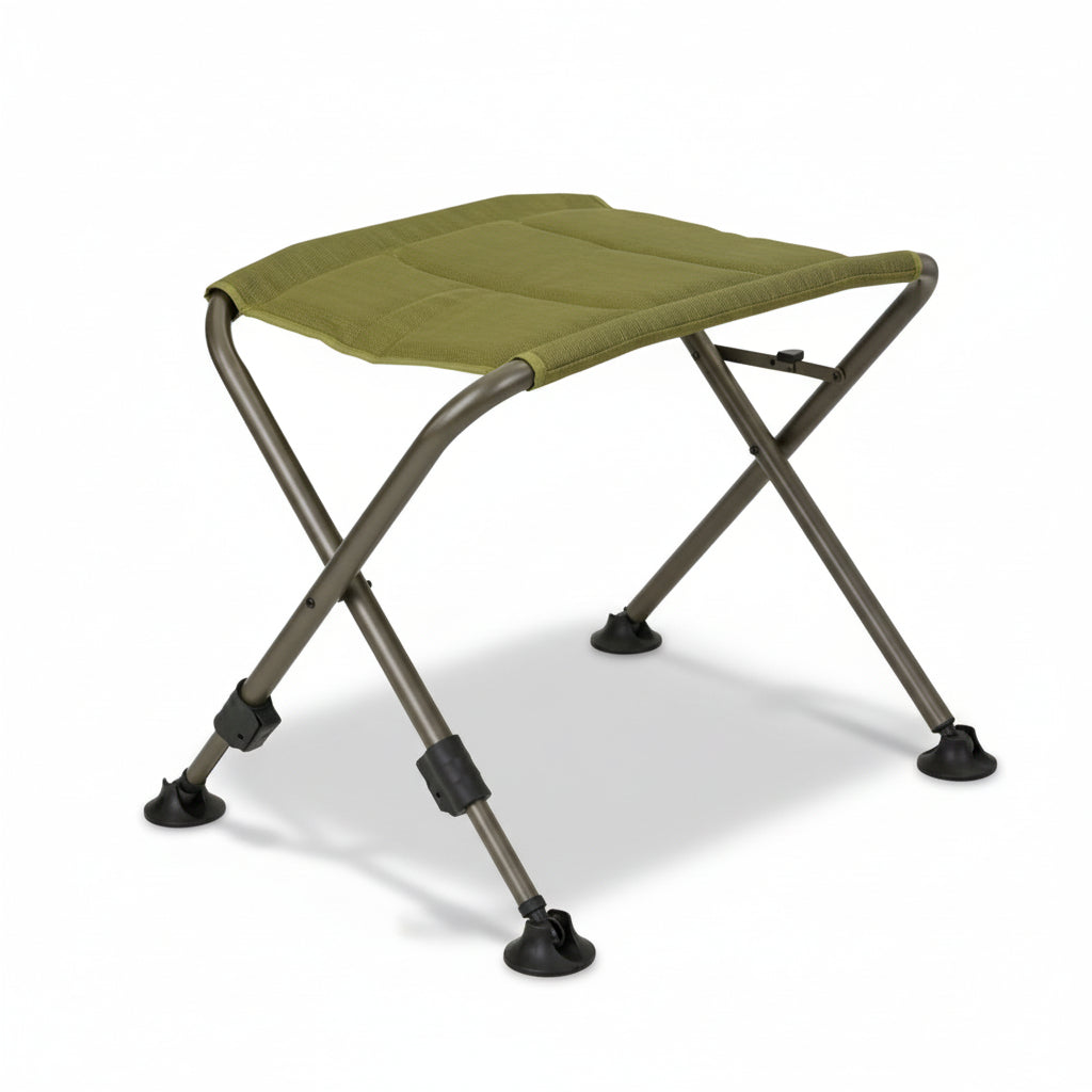 Компактна зелена лежанка за стол BERGER Slimline с регулируеми алуминиеви крака, идеална за къмпинг и пътувания, цена | Compact yellow BERGER Slimline footrest with adjustable legs, perfect for camping and travel.