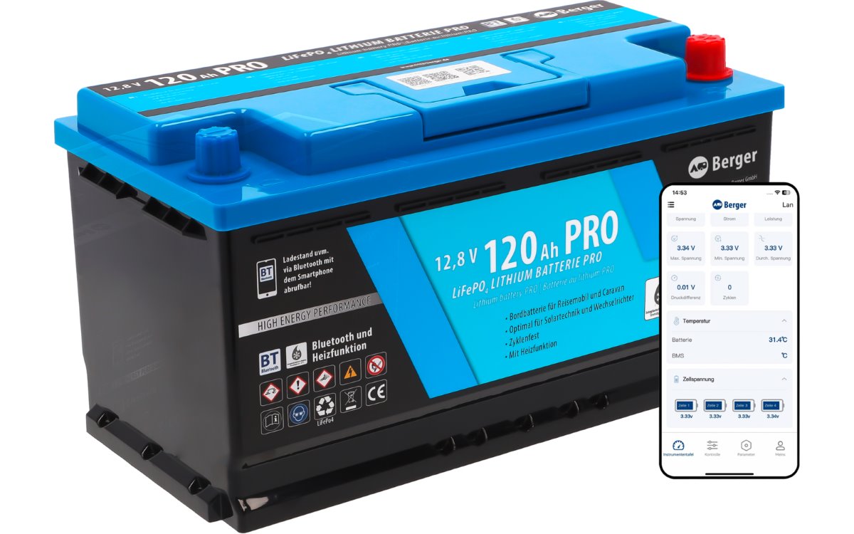 Berger LiFePO4 PRO тягов литиев акумулатор 120Ah 12,8V с Bluetooth и отопление – качествена техника за кемпери и каравани.