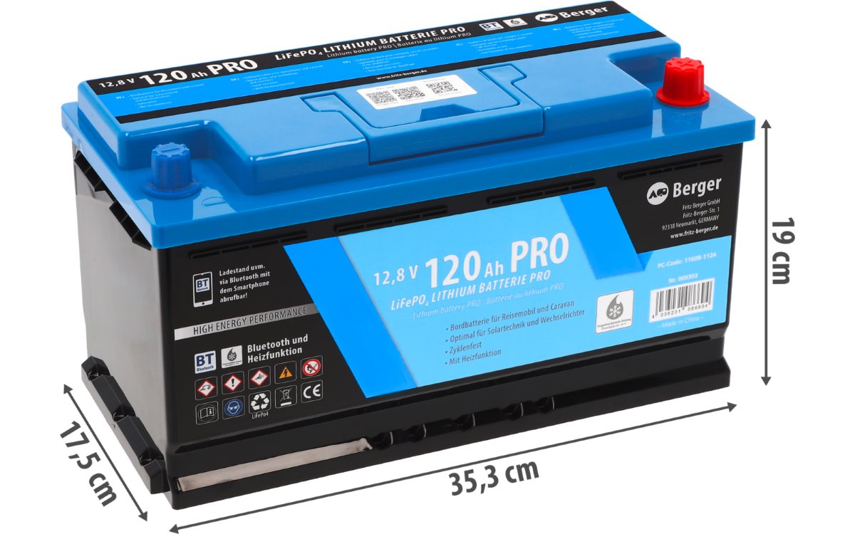 Berger LiFePO4 PRO тягов литиев акумулатор 120Ah 12,8V с Bluetooth и отопление за кемпери и каравани.