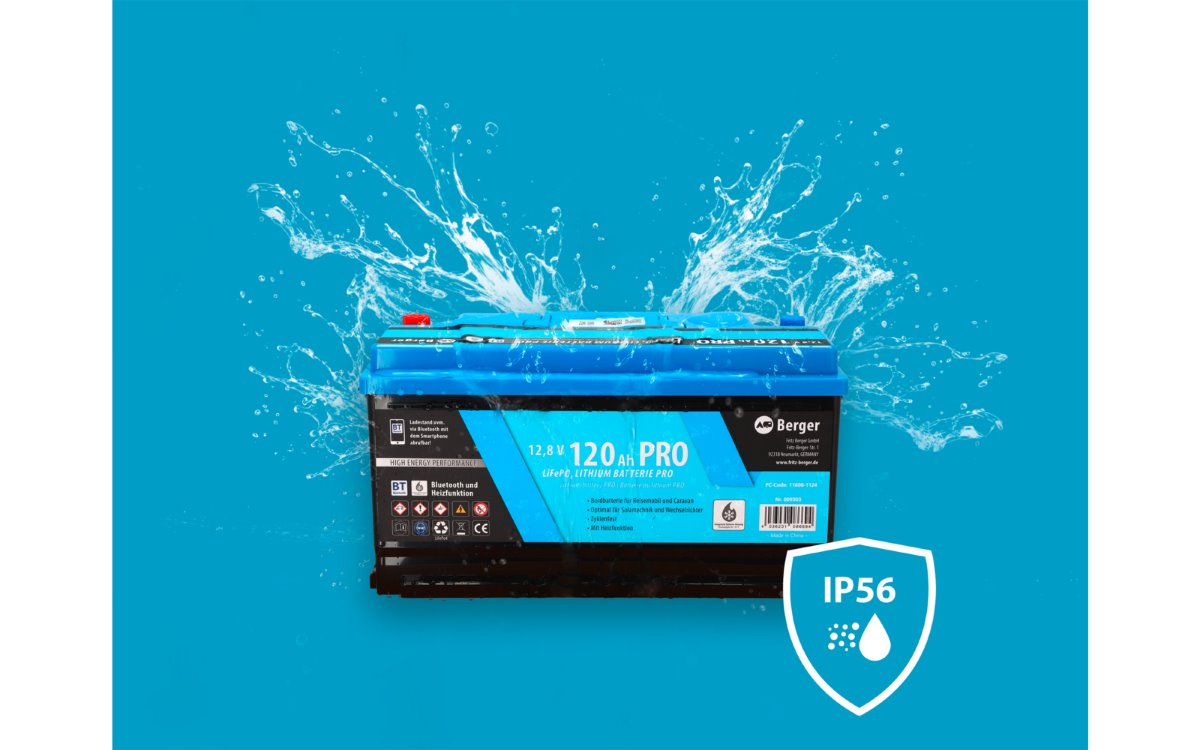 Berger LiFePO4 PRO тягов литиев акумулатор 120Ah 12,8V с Bluetooth и отопление, водоустойчив IP56.