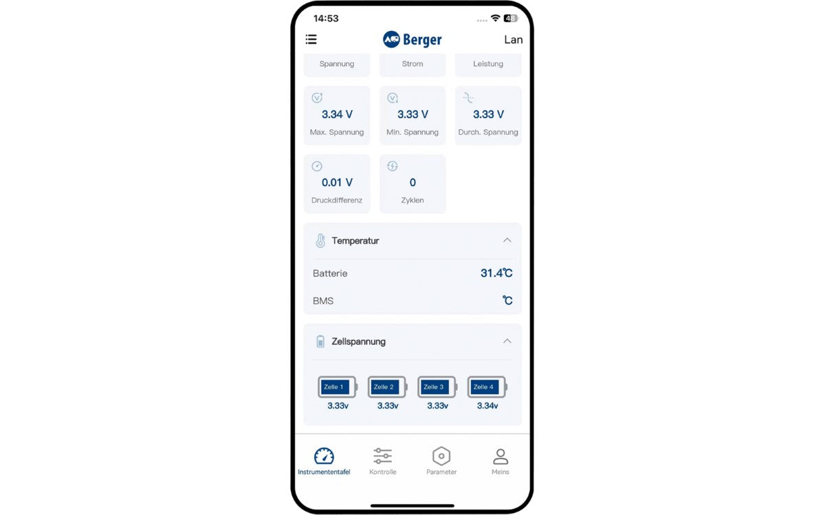 Апликация за следене на Berger LiFePO4 PRO тягов литиев акумулатор 120Ah 12,8V с Bluetooth и отопление.