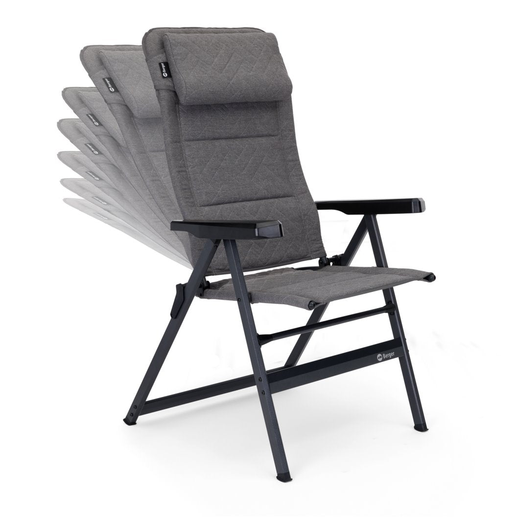 Луксозен сгъваем стол за къмпинг BERGER DAKAR за къмпинг оборудване, кемпер, каравана, качествен мебели за къмпинг, Gocampy, аксесоари