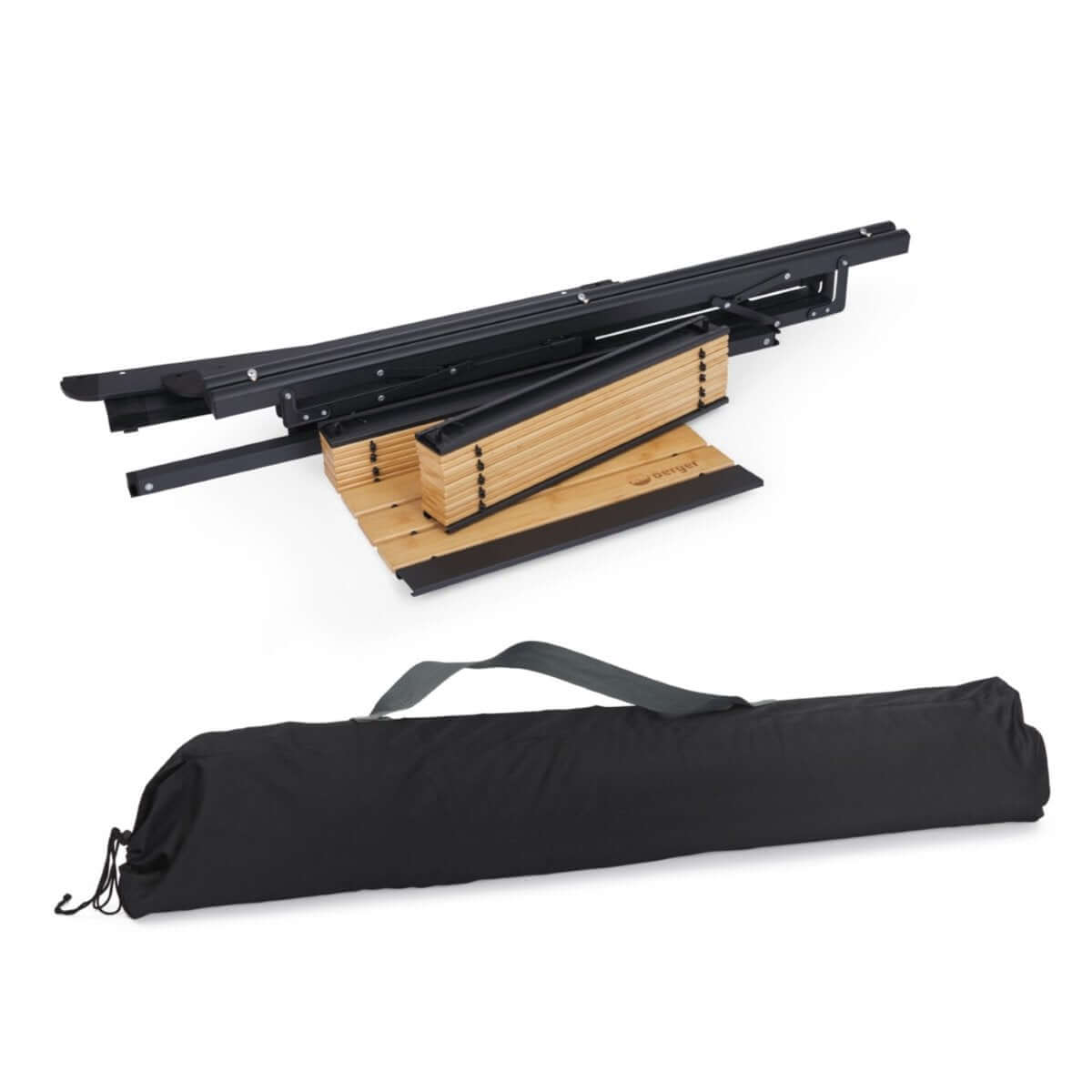 Foldable black camping table with bamboo top by Berger, shown disassembled with carrying bag for portability.