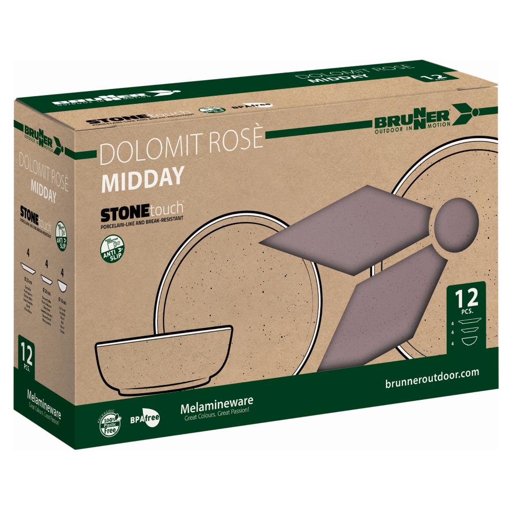 Сервиз за хранене за къмпинг MIDDAY DOLOMIT 12части, комплект чинии от меламин с италиански дизайн от BRUNNER.
