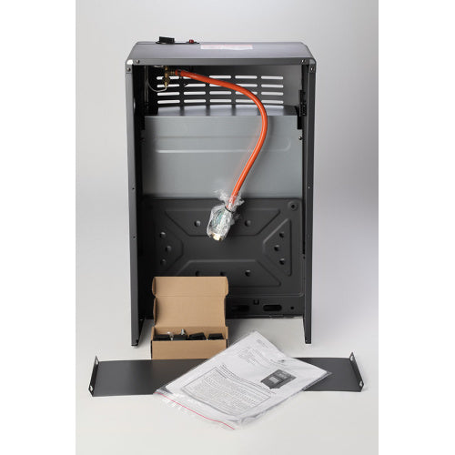 Газова отоплителна печка MEVA Relax 4,2 kW с видима част от конструкцията и аксесоари.