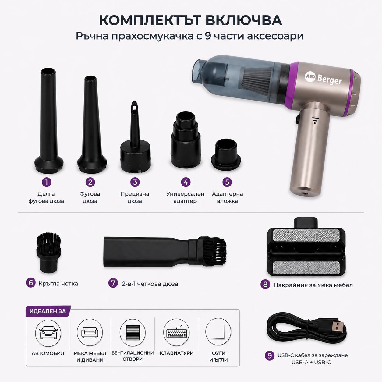 Berger RoadDust преносима акумулаторна прахосмукачка за кемпер и автомобил, 100 W, USB-C